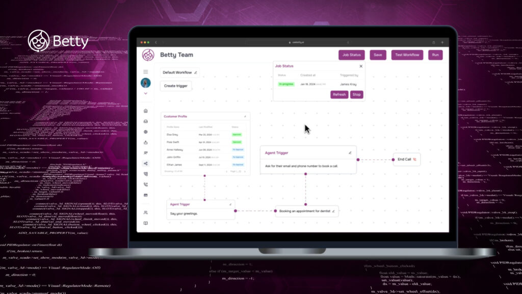 Betty AI interface showing call workflow, analytics, and lead management dashboard