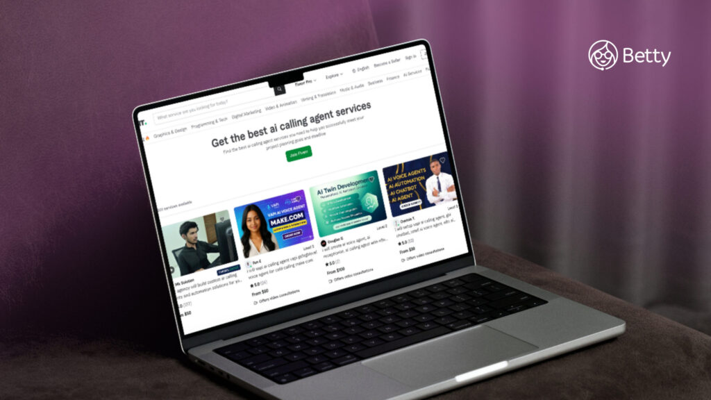 Screenshot of a Fiverr landing page showing AI calling agent services available for businesses
