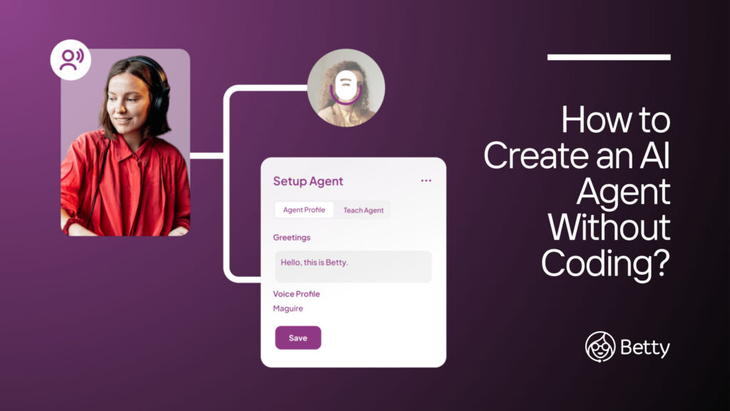 Setting up an AI agent using Betty AI, choosing voice and role settings, with a text overlay of the blog title: ‘How to Create an AI Agent Without Coding’