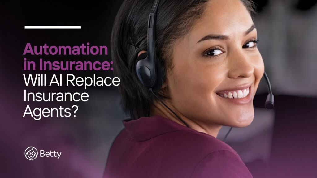 Call center agent on a headset with text overlay displaying the blog title, ‘Automation in Insurance: Will AI Replace Insurance Agents?’
