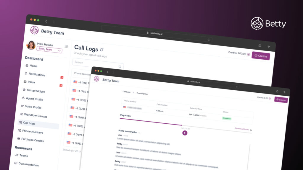 Screenshot of the Betty AI dashboard showing voice profile settings and agent configuration tools.